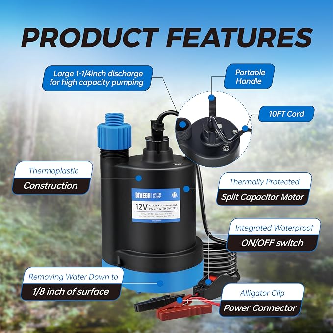 12V Submersible Water Pump 1500GPH Small Sump Pump Thermoplastic Portable Transfer Utility Pump Clean for Swimming Pool Basement Garden Pond
