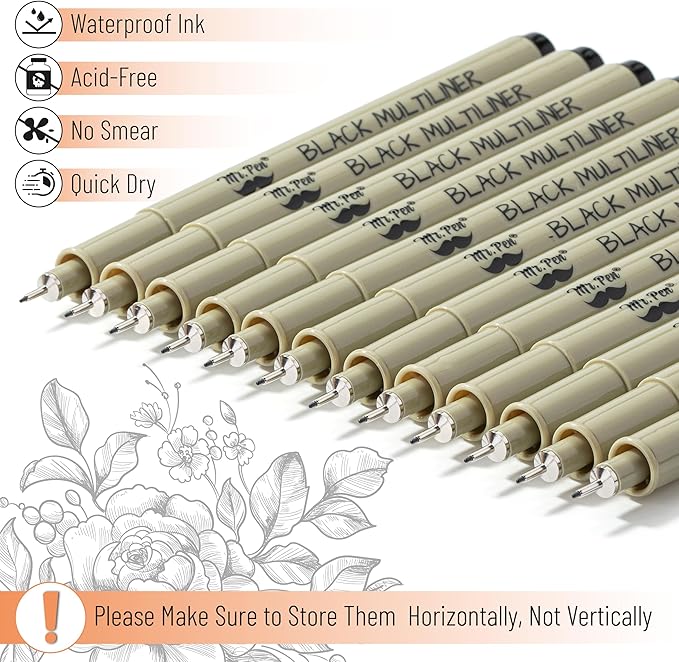 Mr. Pen- 0.3mm Micro Fine Point Pens, 12 Pack, Black Ink, Waterproof, Acid-Free, No-Smear Quick-Dry Fineliner Pens for Drawing, Sketching, Bible Journaling, Outlines & Everyday Writing