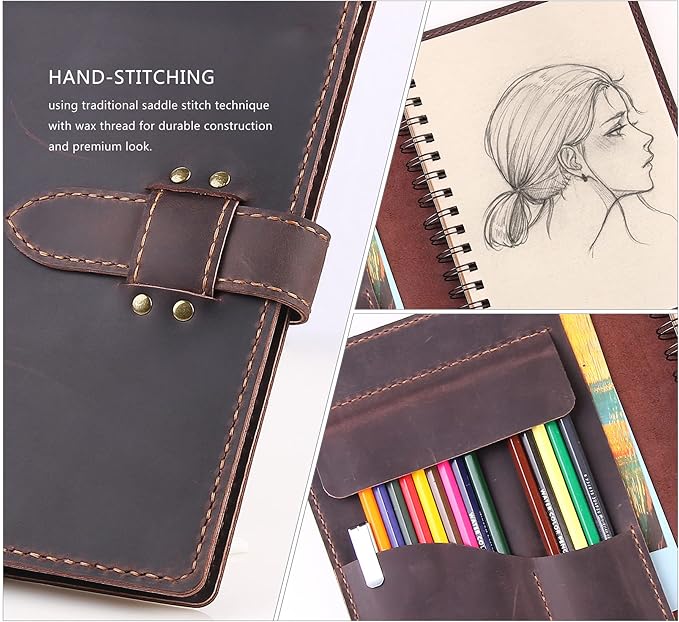Robrasim Handmade Leather Sketchbook Cover, Leather Artist Sketch Pad Cover for 5.5" x 8.5" Sketchbook, Drawing Book and Pencil Case, Journal Notebook Portfolio, Artis Gifts-Coffee