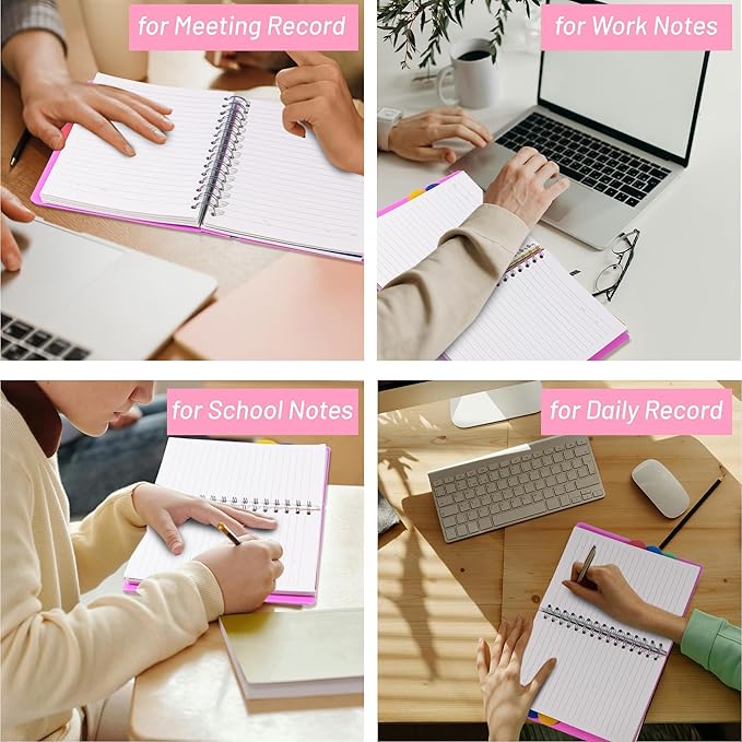FLYING EAGLE 2 Pcs 5 Subject Notebook Wide Ruled, Small Spiral Notebook 5x7 for Work, 408 Pages Lined Journal with Removable Dividers, Small Notebooks for Work,Pink