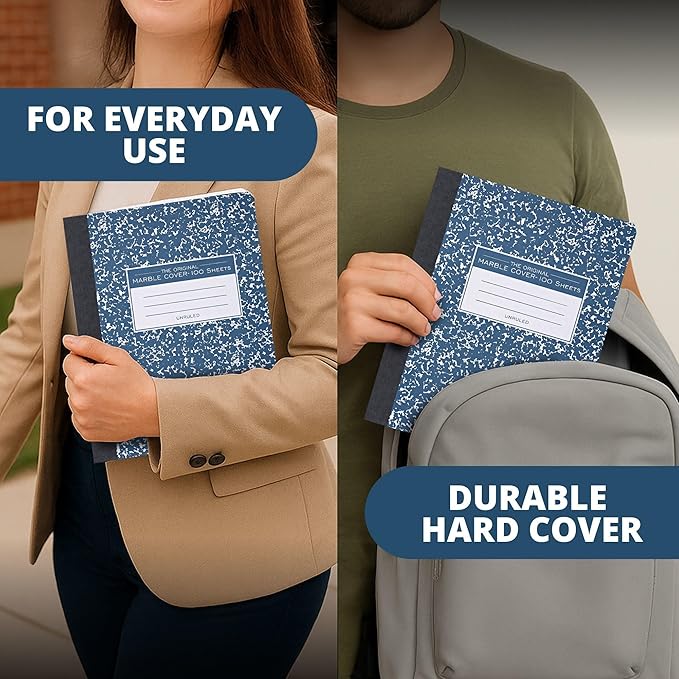 ROARING SPRING Hard Cover Composition Notebook, 4 Pack, Blue Marble Comp Book, 9.75″ x 7.5″, Unruled Blank Paper, 100 Sheets (200 Pages), Made in USA
