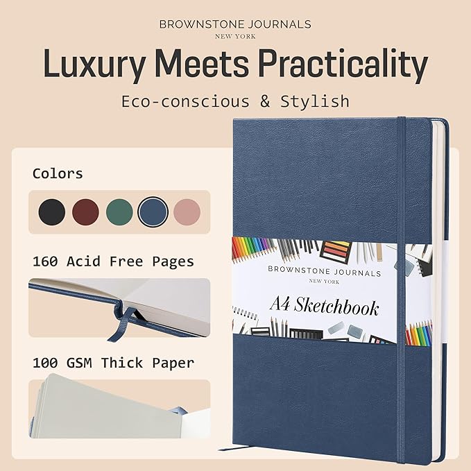 BROWNSTONE JOURNALS A4 Sketch Book Hardcover - 80 Sheets 100 GSM Paper 8.5"x11.5", Lay Flat, Vegan Leather Cover, Elastic Band, Back Pocket, Art Drawing Book (Symphony Blue)