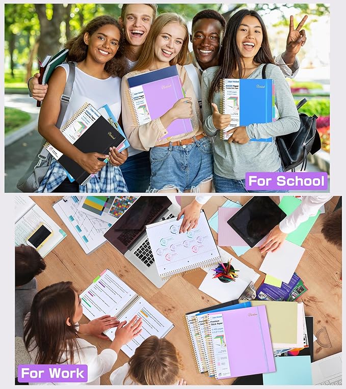 5 Subject Notebook College Ruled,80GSM Paper Thick Hardcover Spiral Notebook Lined Journal with Removable Dividers Tabs,400pages 8.5"x11" Paper Large Notebooks for School Work,3-Hole Punched, Purple