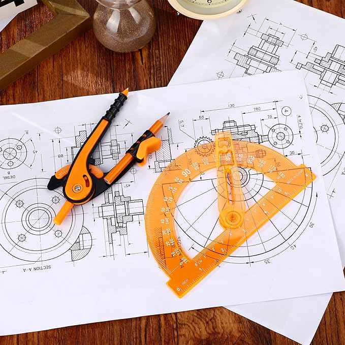 Zonon 2 Pcs Student Protractor and Compass, Student Geometry Math Set Drawing Compass and 180 Degree 6 Inch Protractor with Swing Arm for Drawing Measuring School Office (Orange)