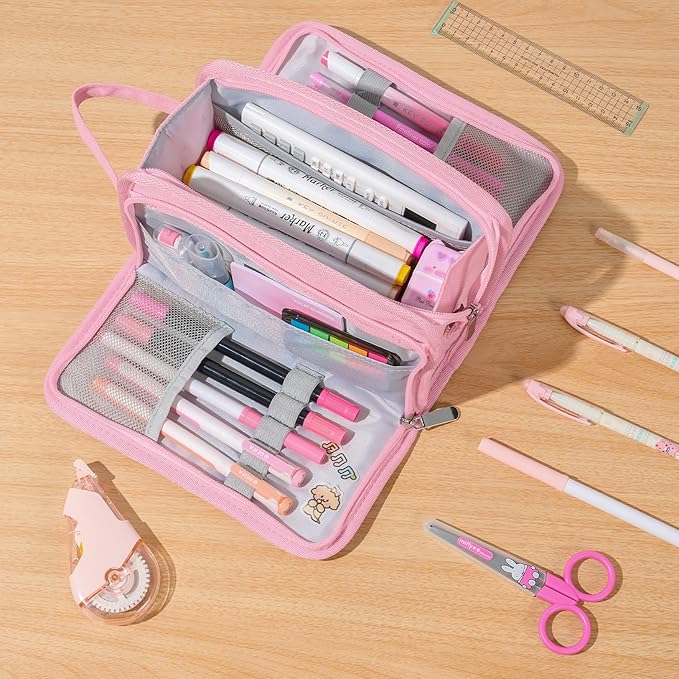 Sooez Large Pencil Case, Big Capacity Pencil Pouch Pen Bag with 3 Compartment, Portable Canvas Stationery Organizer with Zipper, Cute Aesthetic School Supplies for Teen Girls Boy, Pure Black