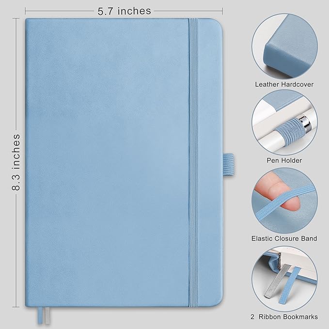RETTACY Dotted Journal Notebook, 192 Pages, A5 Medium Size (5.7'' x 8.3''), Leather Hardcover, 100 GSM Thick Paper, for Journaling, Planning, Tracking (Light Blue)