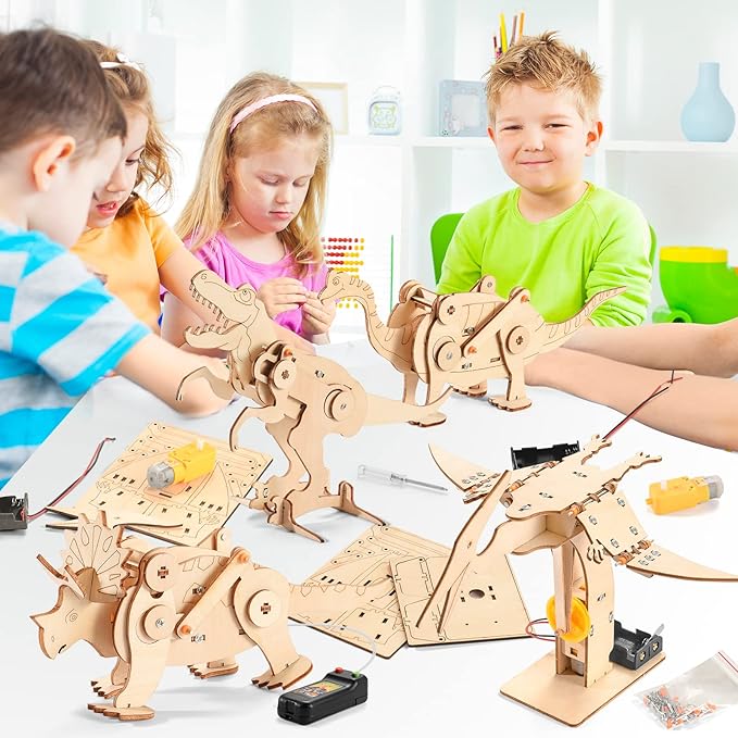 Dinosaur STEM Kits for Kids Ages 8-10-12, 4 in 1 Wood Building Toys for Boys Age 8-12, Build It Yourself Woodworking Kit, DIY 3D Wooden Puzzles Model Science Crafts for Kids, Stem Projects