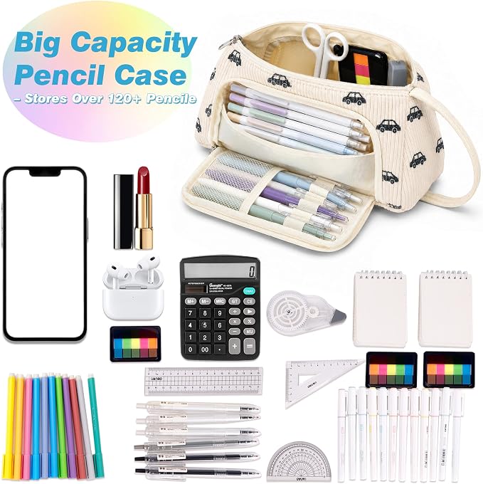 Big Capacity Pencil case,Soft Corduroy Pencil Bag with 3 Compartment Pouch Bag for School Supplies Office for Teen Girls Boys Women Man (Black Car)