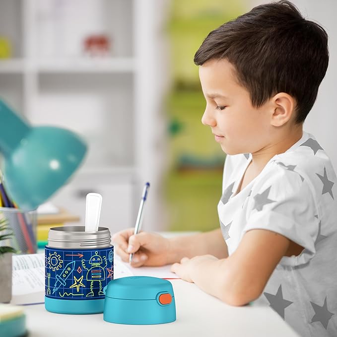 THERMOS FUNTAINER Insulated Food Jar, 10 Ounce, Kid Friendly Food Jar with Foldable Spoon, Robot Doodles