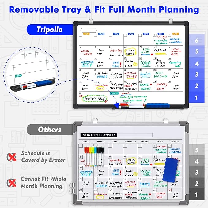 Dry Erase Calendar Whiteboard for Wall, 24" x 18" Magnetic Monthly White Board Calendar Dry Erase, Black Aluminum Frame with Tray for Home, School, Office
