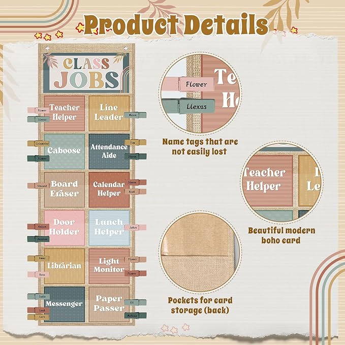 Pasimy Modern Boho Class Jobs Pocket Chart Class Helpers Pocket Chart Classroom Jobs Cards with Clips and Hooks Teacher Helper Bulletin Board Set for Back to School Classroom Teacher Supplies