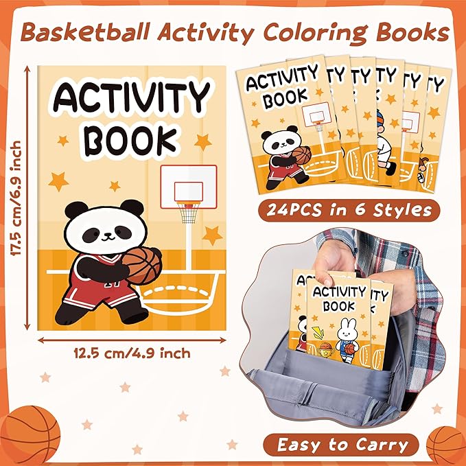 JAPBOR Basketball Activity Coloring Books - 24PCS Mini Basketball Theme Activities Color Book Bulk for Kid Party Favor, Animal Sport Small Colouring Page for Birthday Gifts Class Drawing Painting Game