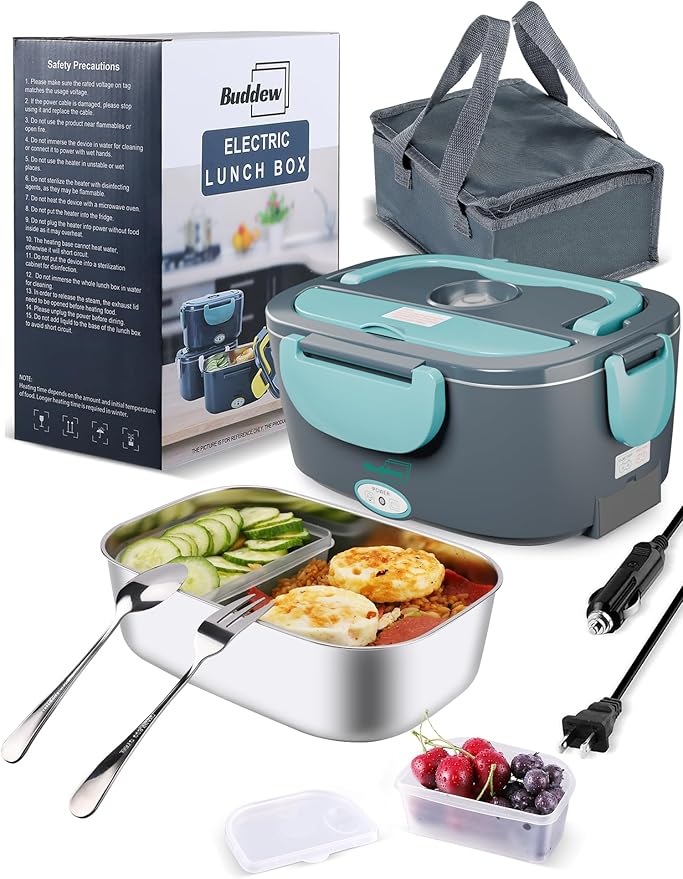 Buddew Electric Heated Lunch Box, 80W Fast Heating, 1.5L Food-Grade 304 Stainless Steel, 12V/24V/110V Portable Food Warmer for Car Truck Office Adults, Lonchera Electrica Portatil (Blue)