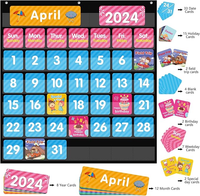 REGELETO Large 44 Pockets Calendar Pocket Chart for Classroom with 85 Cards, Size:25” X 24” Monthly Calendar and Weather Black Pocket Chart for Students Learning for Home or School (44 Pockets)