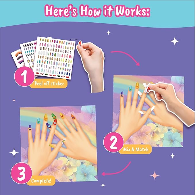 BSCOOL Nails & Makeup Sticker and Coloring Book for Girls Ages 4+ – 2 Pack – 240+ Removable Stickers – Nail Design & Makeup Activity Book – Creative Birthday Gift for Kids