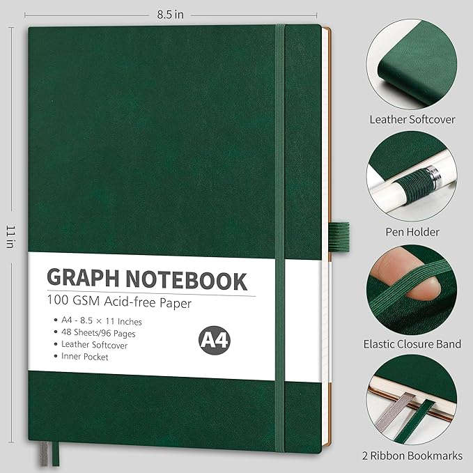 RETTACY Graph Grid Paper Notebook, 96 Pages, A4 Large Size (8.5'' x 11''), 5 Squares per Inch, Leather Softcover, 100 GSM Thick Paper, for School, Students, Math, Engineering (Dark Green)