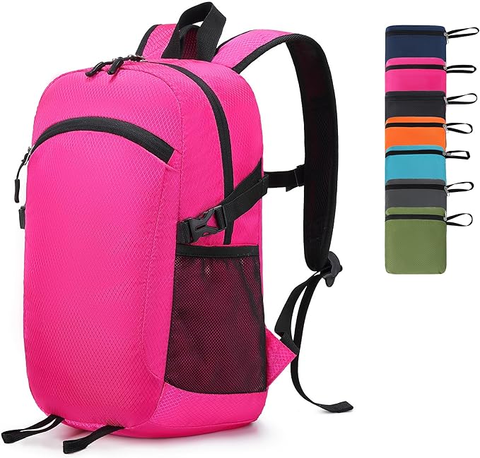 Lightweight Hiking Backpack 18L Packable Foldable Small Daypack Collapsible Travel Bag Water-Resistant for Women (Magenta)