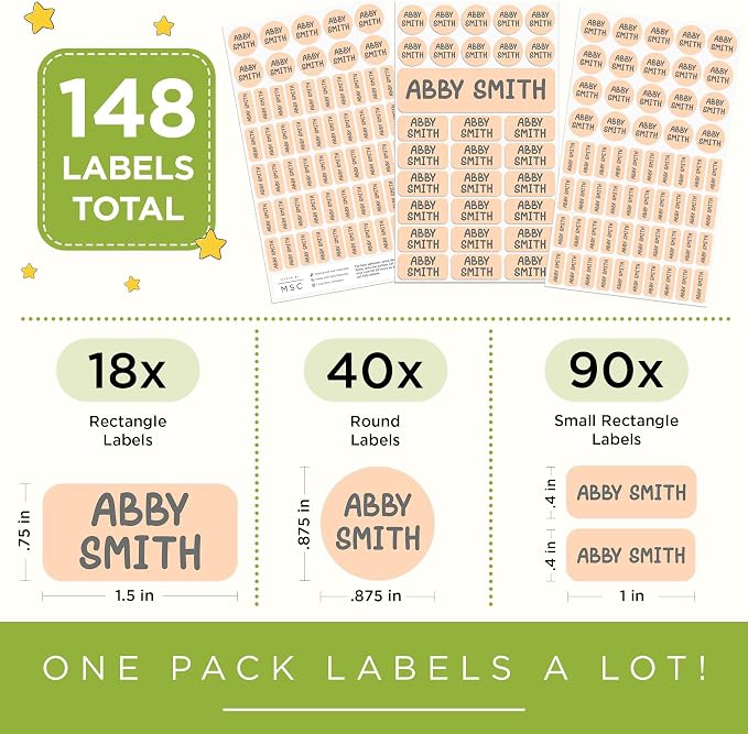 Personalized Daycare Name Labels for Kids, 148 Pack Waterproof Custom Name Stickers for Clothing Tags, Lunch Boxes and School Supplies, Made in USA by MSC - Pastel