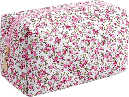 JOVAKIT Square Makeup Bag Cute Cosmetic Bag for Women, Floral Coquette Aesthetic Toiletry Bag, Zipper Make Up Pouch, Travel Make Up Organizer Bag (Red Floral)
