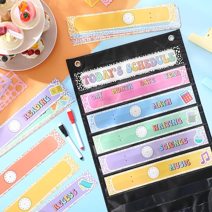 Pasimy Daily Schedule Pocket Chart for Classroom 15+1 Pockets with 31 Double Sided Reusable Cards 2 Magnetic Erasable Pens & Hangers Visual Schedule Chart School Office Home Decor(Black,Composition)