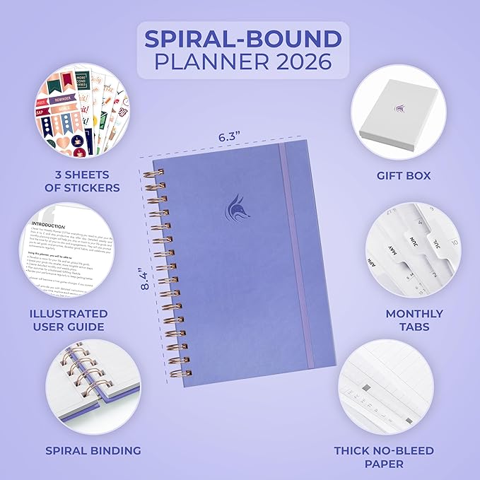 Clever Fox Dated Planner with Tabs 2026 – Weekly & Monthly Spiral Planner with Habit Tracker for Goal Setting & Time Management (Lavender)