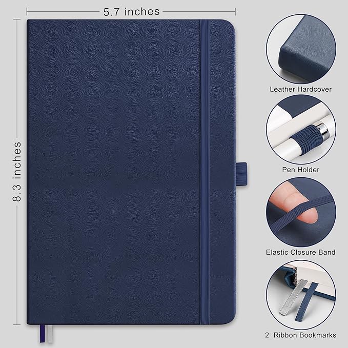 RETTACY Dotted Journal Notebook, 192 Pages, A5 Medium Size (5.7'' x 8.3''), Leather Hardcover, 100 GSM Thick Paper, for Journaling, Planning, Tracking (Navy Blue)