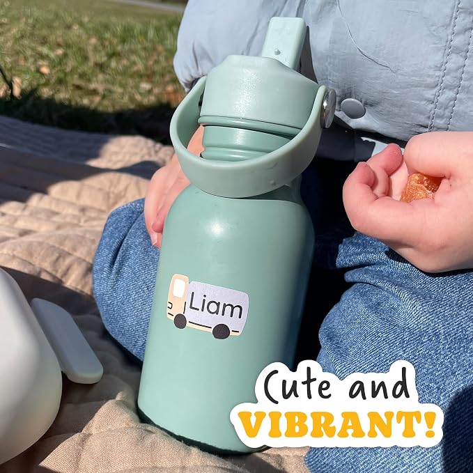 Camp Name Labels for Kids (33) – Custom Waterproof Stickers for Water Bottles, Lunch Boxes, Daycare & School with Unique Designs - Toy Cars