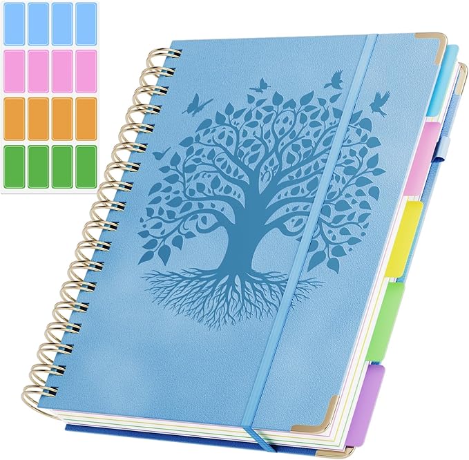 QIYVLOS Hardcover Spiral Notebook, B5 Journal with Removable Dividers Tabs, 5 Subject Notebook College Ruled, 320 Pages 8"x10" Leather Notebooks for Work School Study, Lined Journal for Women, Blue