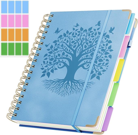QIYVLOS Hardcover Spiral Notebook, B5 Journal with Removable Dividers Tabs, 5 Subject Notebook College Ruled, 320 Pages 8"x10" Leather Notebooks for Work School Study, Lined Journal for Women, Blue