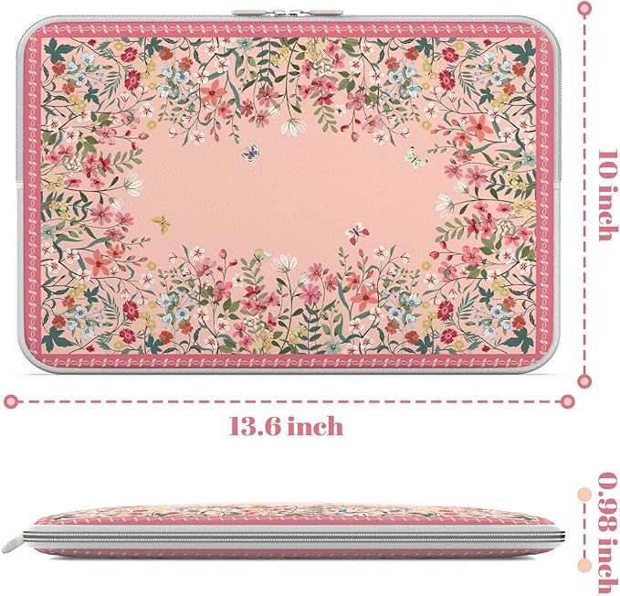 iCasso Pink Laptop Bag 13 inch,Cute Computer Sleeve Bag for Women,13-13.6 inch Laptop Carrying Case Compatible with MacBook Neo/Air/Pro 13-14 Sleeve, HP Dell ASUS Lenovo Chromebook Notebook,Floral