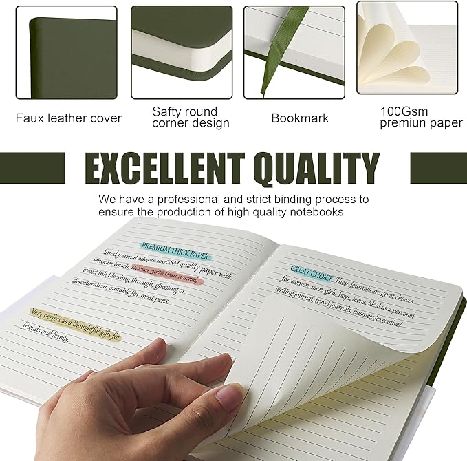 Lined Journal Notebook, 6Pack Hardcover Notebook for Men & Women – Journals for Writing, Work, School, Home & Daily Notes, 160 Pages – Medium A5, 5.7"x8", 100 gsm Thick Paper (Olive Green)