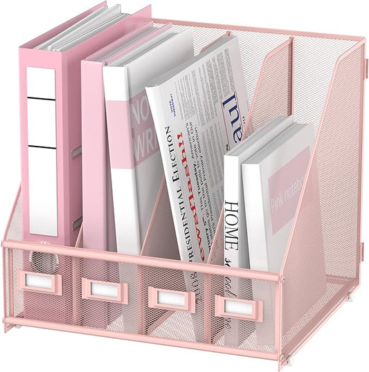 SUPEASY Magazine File Holder Desk Organizer, Metal Binder Holder with 4 Vertical Compartments for Office Home School, Pink