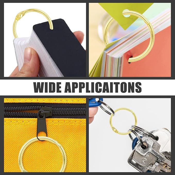 120 Pcs Binder Rings Assorted Sizes (1/2", 3/4", 1", 1-1/4", 1-1/2", 2"), Loose Leaf Binder Book Rings, Metal Index Card Rings Binder Clip Rings for Flash Cards, Key Rings, Index Cards (Gold)