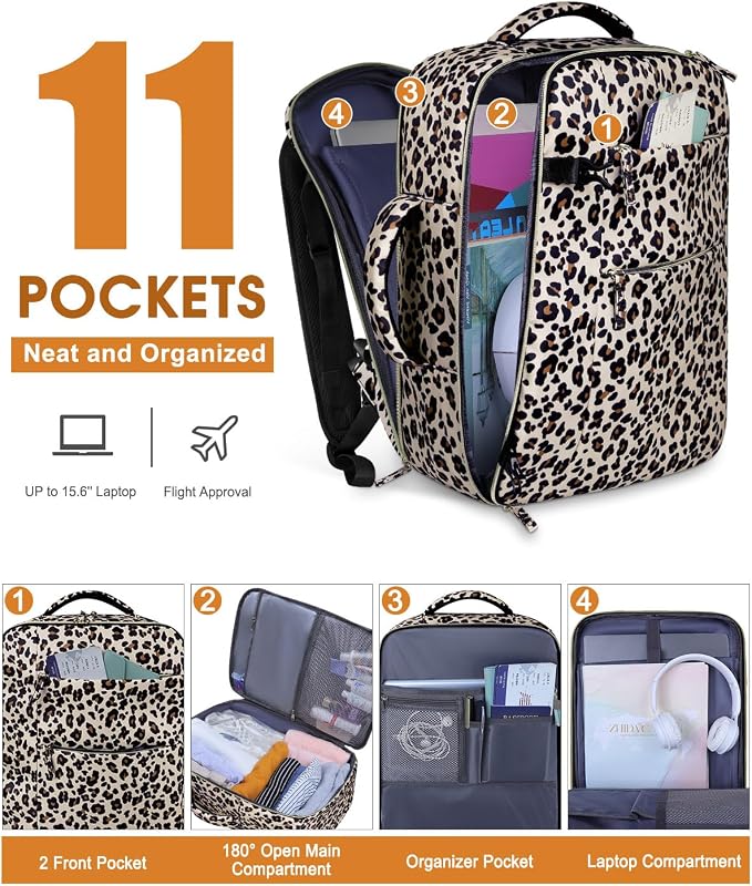 Capolo Travel Backpack for Women Men Waterproof Laptop Backpack Airlines Approved Carry On Backpack Bag Computer Bags for Business, Work, Traveling Fits 15.6 Inch Laptop(Leopard)