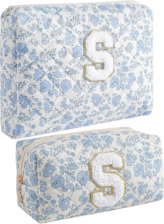 JOVAKIT Alphabet Makeup Bag Cosmetic Bag for Women, Christmas Gifts for Girls Age 6-18, Floral Flowers Coquette Travel Toiletry Zipper Make Up Pouch Organizer Trendy Stuff (2Pcs Blue Floral S)