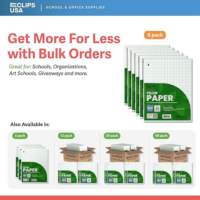 Graph Paper Loose Leaf Paper Quad Ruled Notebook Paper Quad Ruled 4” x 4” Square Lined Writing Filler Paper 10.5” x 8” 600 Sheets 100 Sheets Per Pack 60 gsm (6 Pack)