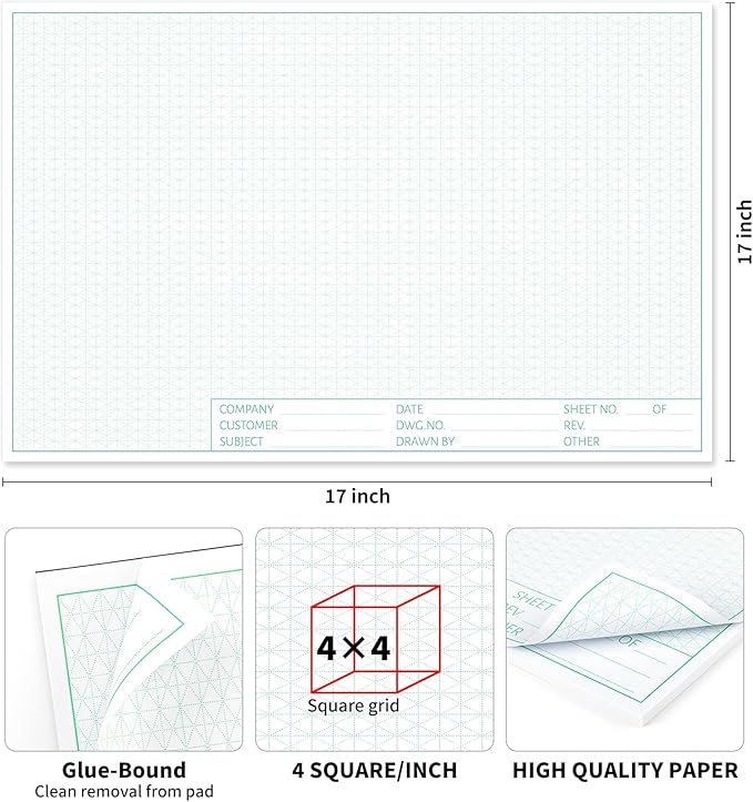 Isometric Graph Paper, 11"x17" Dot Grid Paper, 0.25" Grid, 50 Sheets Landscape, Easy-Tear Glue-Bound, 11"x17" Cardboard Backing, for Drafting, Engineering, Architect Designers