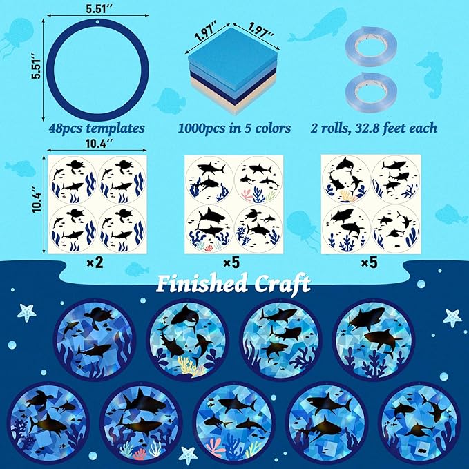 48PCS Summer Crafts: Paper Shark Suncatchers DIY Kits, Window Stained Glass Effect Art Supplies