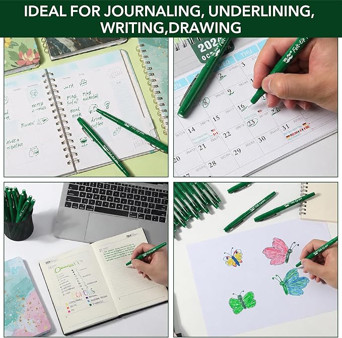 Mr. Pen- Felt Tip Pens, 36 Pack, 0.7 mm, Green Felt Tip Pens Bulk, Fast Dry, No Smear, Planner Markers for Underlining, Writing, Drawing, Journaling Supplies