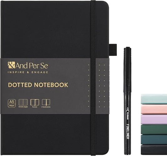 &And Per Se Dotted Journal Notebook, A5 Hardcover Dotted Notebook, 160 Pages 100GSM Thick Paper Dot Grid Journal with Fineliner Pen (Black)