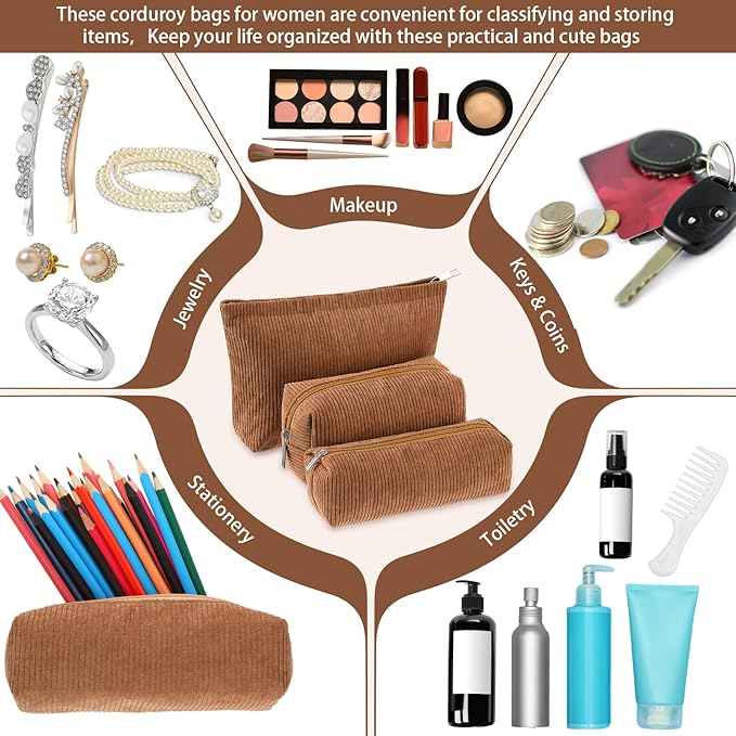 Huhumy 3 Pcs Makeup Bag Set for Women Corduroy Cosmetic Pouch Aesthetic Smile Travel Toiletry Bag Cute Purse Pouch Pencil Case Makeup Brushes Storage Organizer with Zipper(Brown,Solid Style)