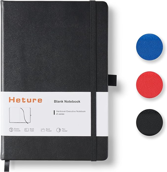 Heture Hardcover Notebooks, A5 Blank Notebook for Writing 160 Pages, 8.2 x 5.5 inch, Classic Blank Notebooks for College/Work/Travel (Blanked-1 Pack, Black)