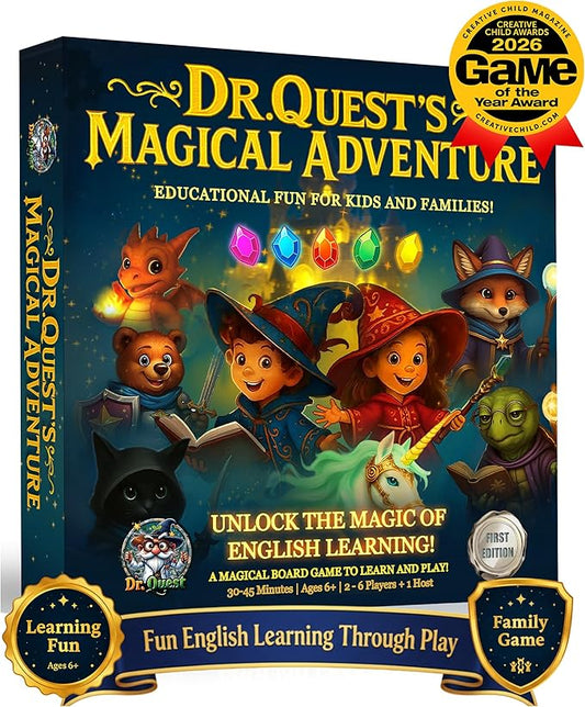 Dr. Quest's Magical Adventure–Educational Board Game for Kids Ages 6-9 – Spelling & Grammar Learning Game for Early Elementary | 180 Questions | Screen-Free Homeschool & Family Game | 2-6 Players