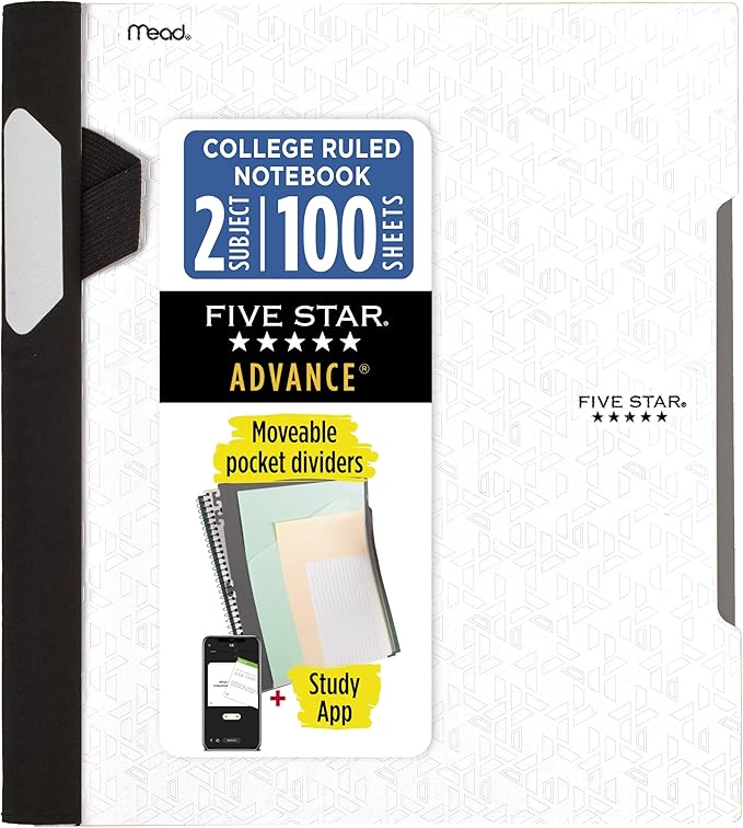 Five Star Advance Spiral Notebook + Study App, 1 Subject, College Ruled Paper, 8-1/2" x 11", 100 Sheets, Spiral Guard, Movable Tabbed Dividers, White (820012B-ECM)