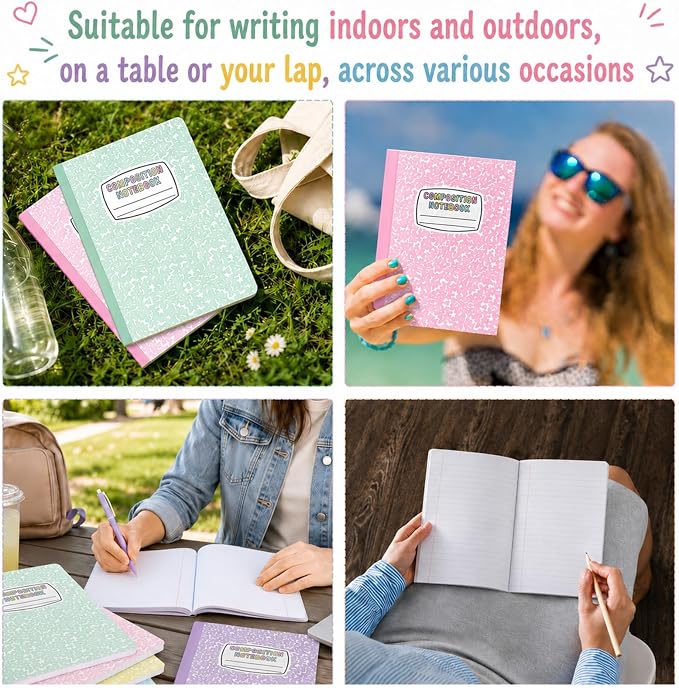 6 Pack Large Composition Notebooks Bulk 9.8 × 7.5 in Wide Ruled Hard Cover Composition Book Assorted Marble Journal College Ruled Paper for Adult Student College Office Back to School Supplies(Pastel)