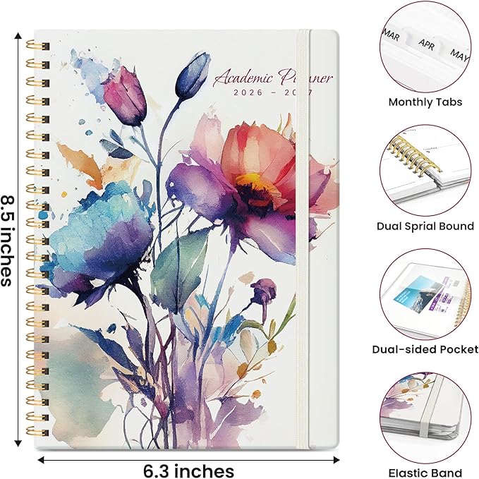 Planner 2026-2027, Monthly and Weekly Academic Planner July 2026 - June 2027, Hardcover Student Teacher Planning Agenda Calendar Book with Tabs, Perfect for Office School Supplies, A5 (6.3" x 8.5") - Painted Bloom