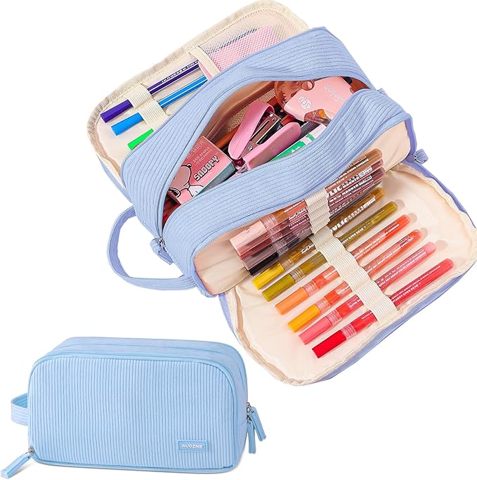 3 Compartment Pencil Case, Extra Large Capacity School Supplies Pencil bag with Easy Handle, Soft Corduroy Pencil Pouch, Aesthetic Supply Pen Case Bag Organizer For Teen Girls College (Blue)
