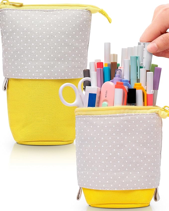 Sooez Standing Pencil Case, Cute Stand up Pencil Pouch, Telescopic Pen Pouch, Portable Pencil Holder, Cute Stand up Pencil Case, Spacious Pencil Pouch Bag for School Office Supplies Yellow