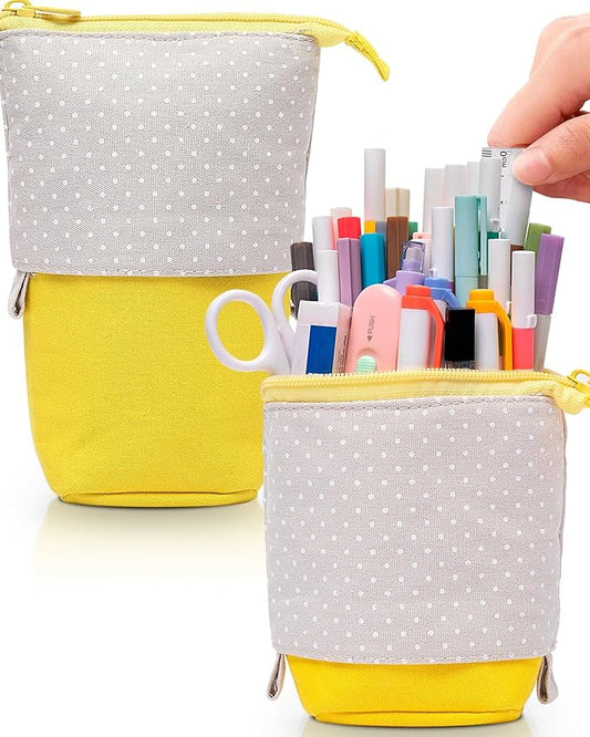 Sooez Standing Pencil Case, Cute Stand up Pencil Pouch, Telescopic Pen Pouch, Portable Pencil Holder, Cute Stand up Pencil Case, Spacious Pencil Pouch Bag for School Office Supplies Yellow