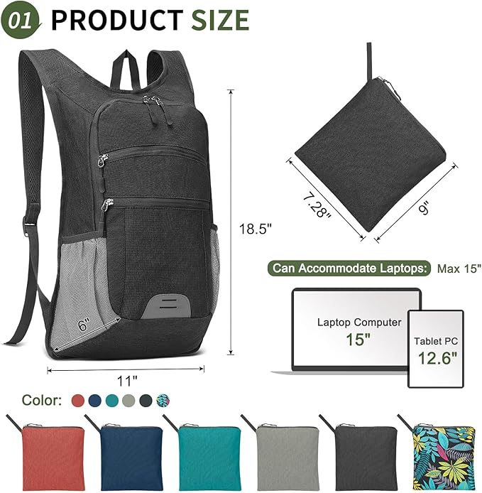 20L Lightweight Hiking Daypack, Foldable Travel Packable Backpack for Men Women for Cycling Camping Outdoor (Black)